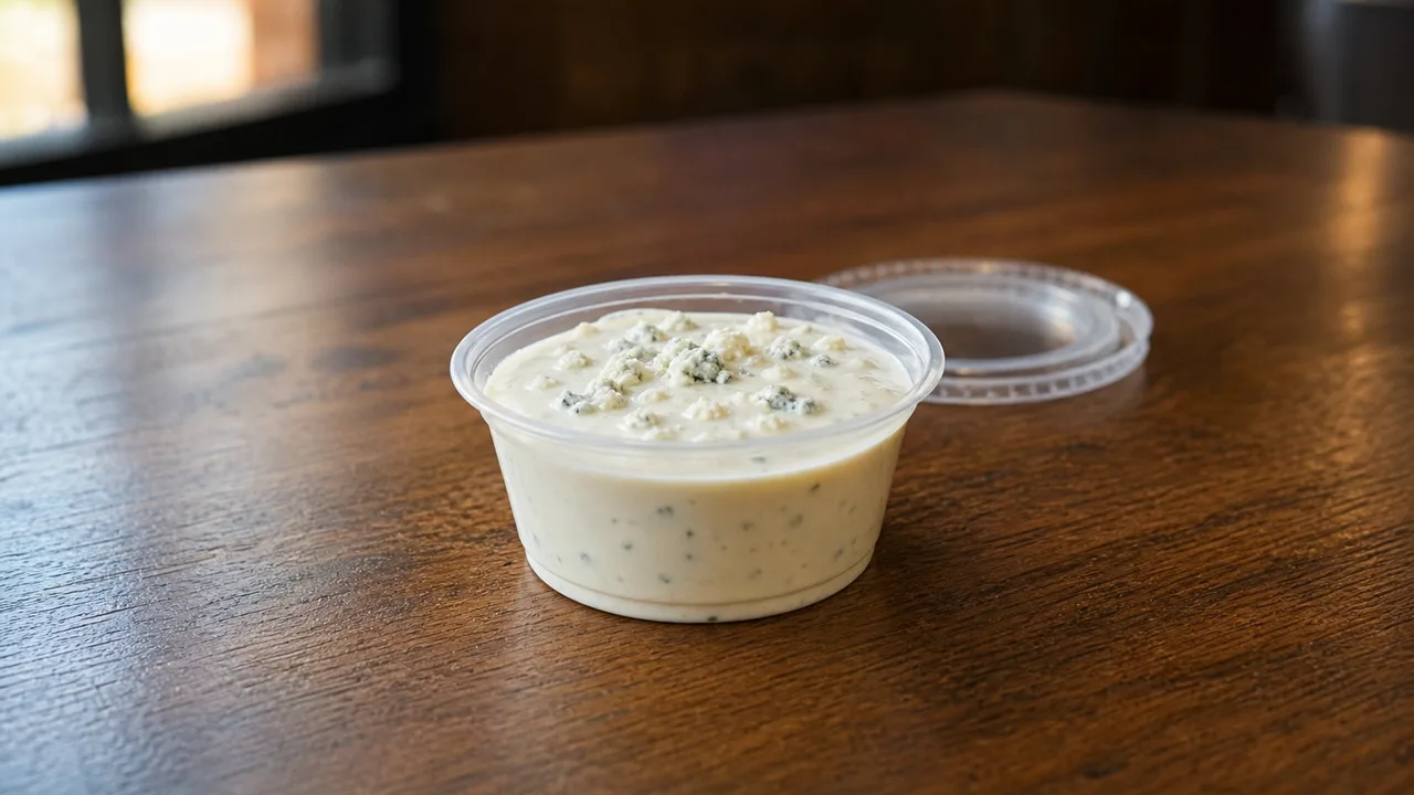 Creamy blue cheese dip with visible crumbles in a clear restaurant cup on a wooden table