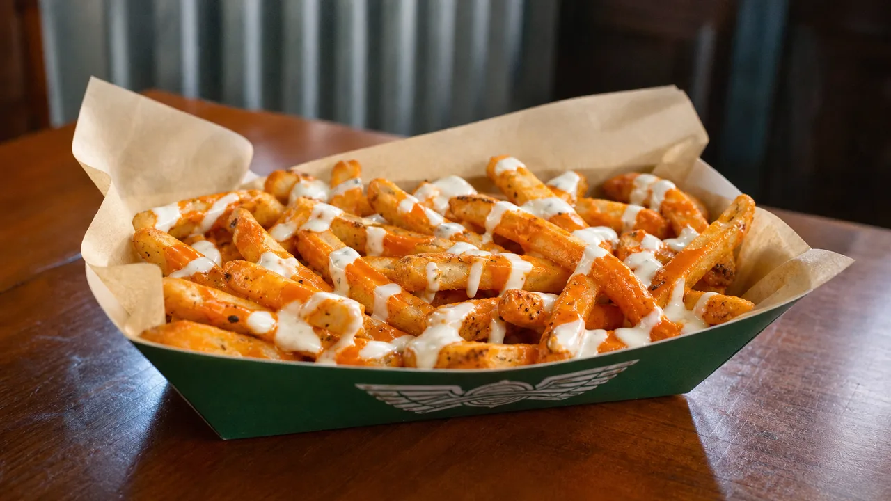 Buffalo Ranch fries with orange buffalo sauce and white ranch drizzle in a green paper boat