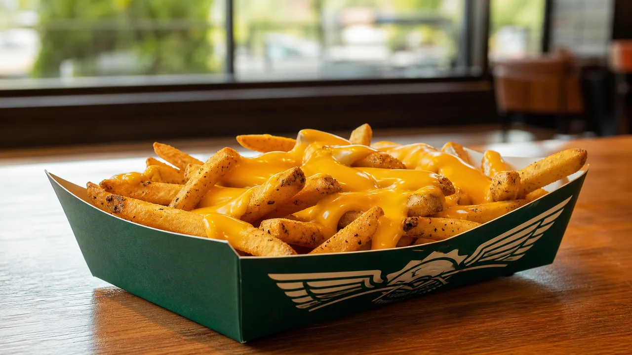 Golden seasoned fries topped with warm jalapeno cheese sauce in a green paper boat