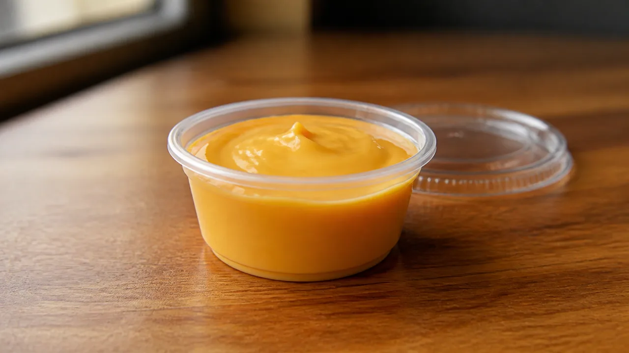 Warm orange-yellow cheese sauce in a clear restaurant cup on a wooden table