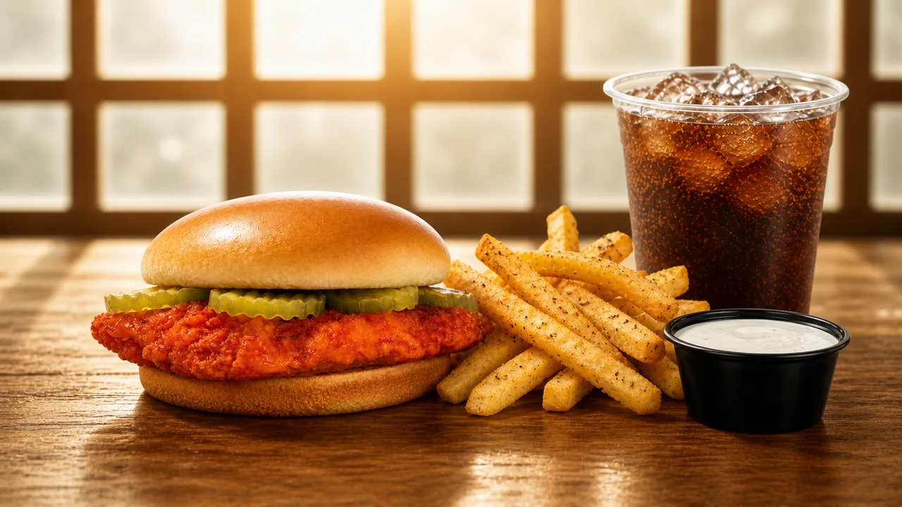 Wingstop Chicken Sandwich Combo on a wooden table