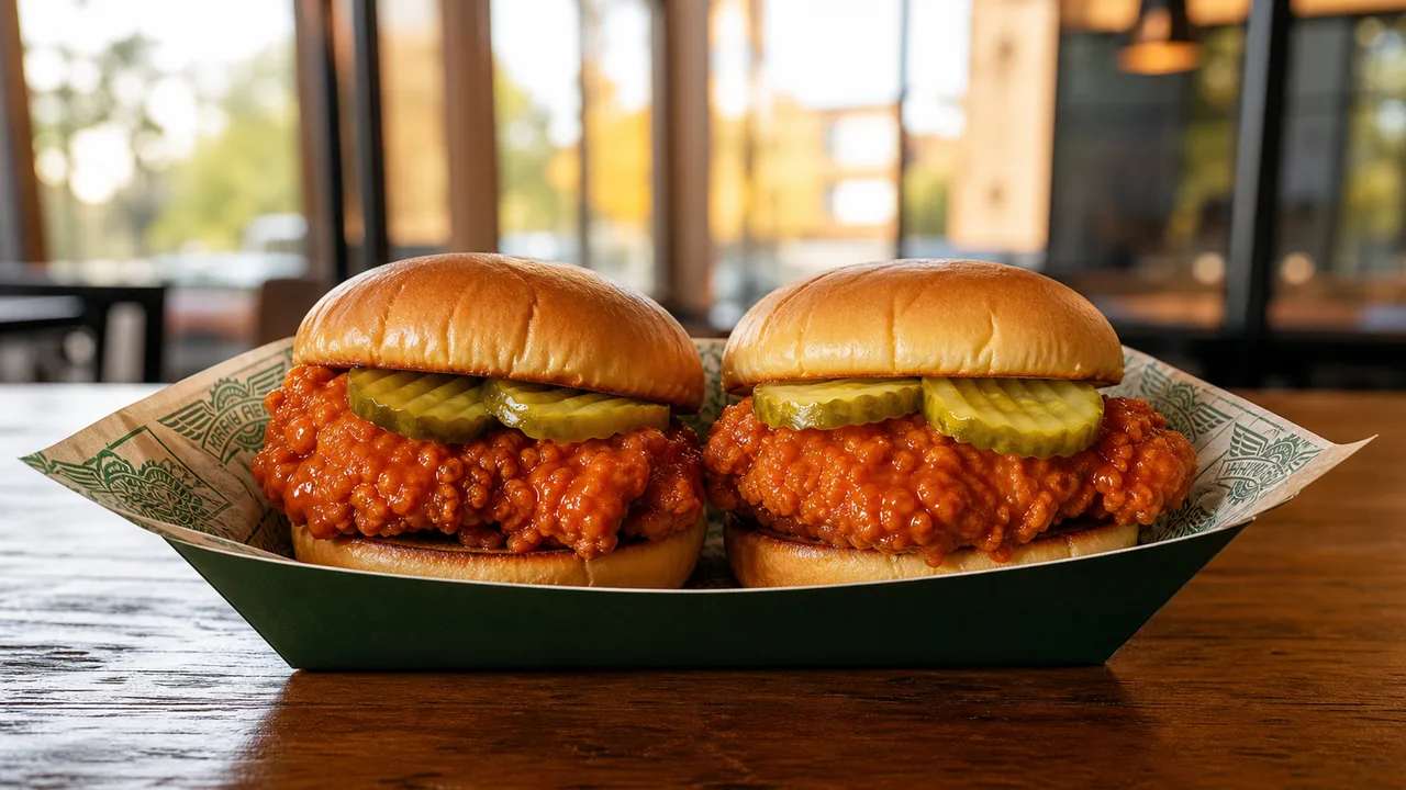Two sauced crispy chicken sandwiches with pickles in a green tray