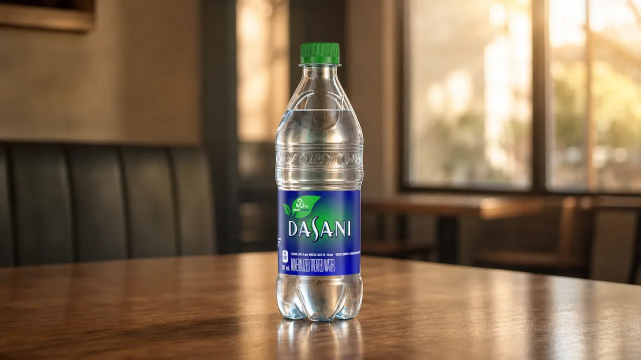 Dasani bottled water with green cap and blue label on a warm restaurant table
