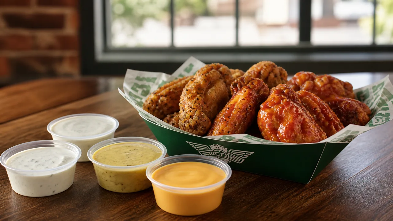 Ranch, bleu cheese, honey mustard and cheese sauce cups beside wings