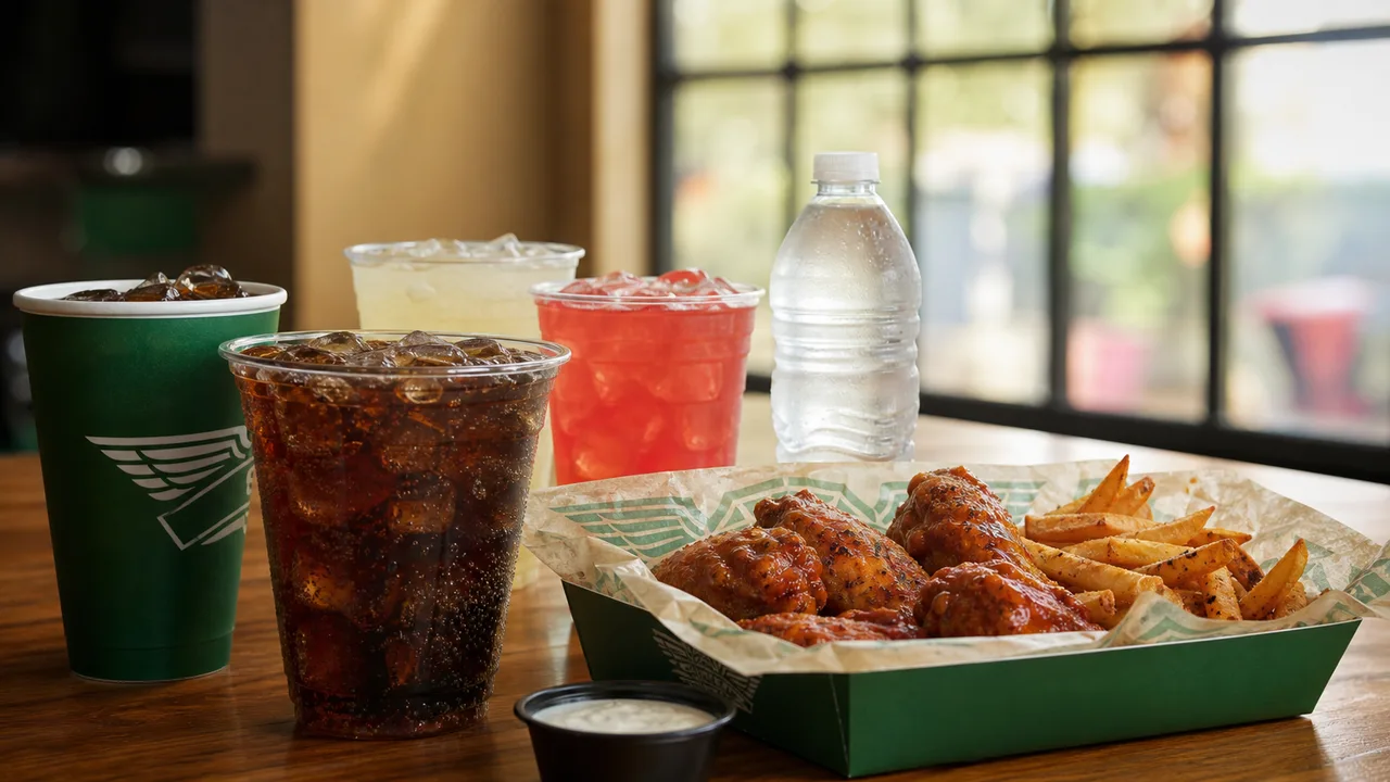 Fountain drinks and bottled water beside a green food tray
