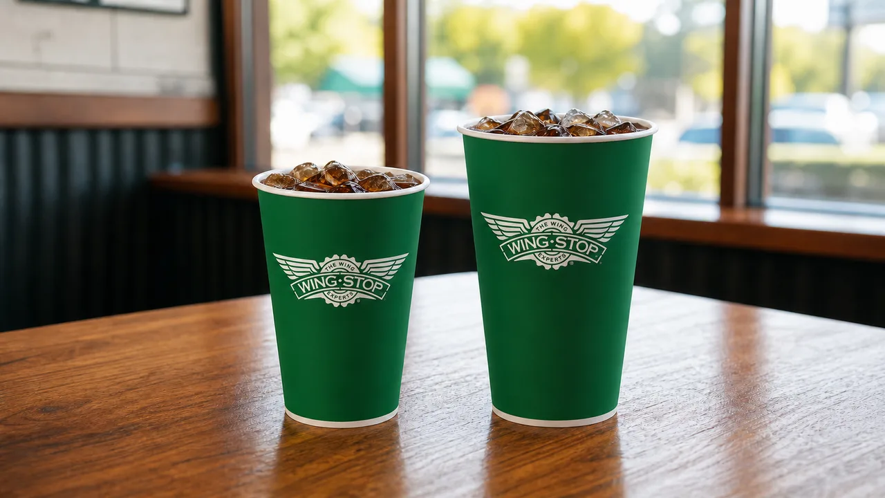 Two green Wingstop fountain drink cups in 20 ounce and 32 ounce sizes on a restaurant table