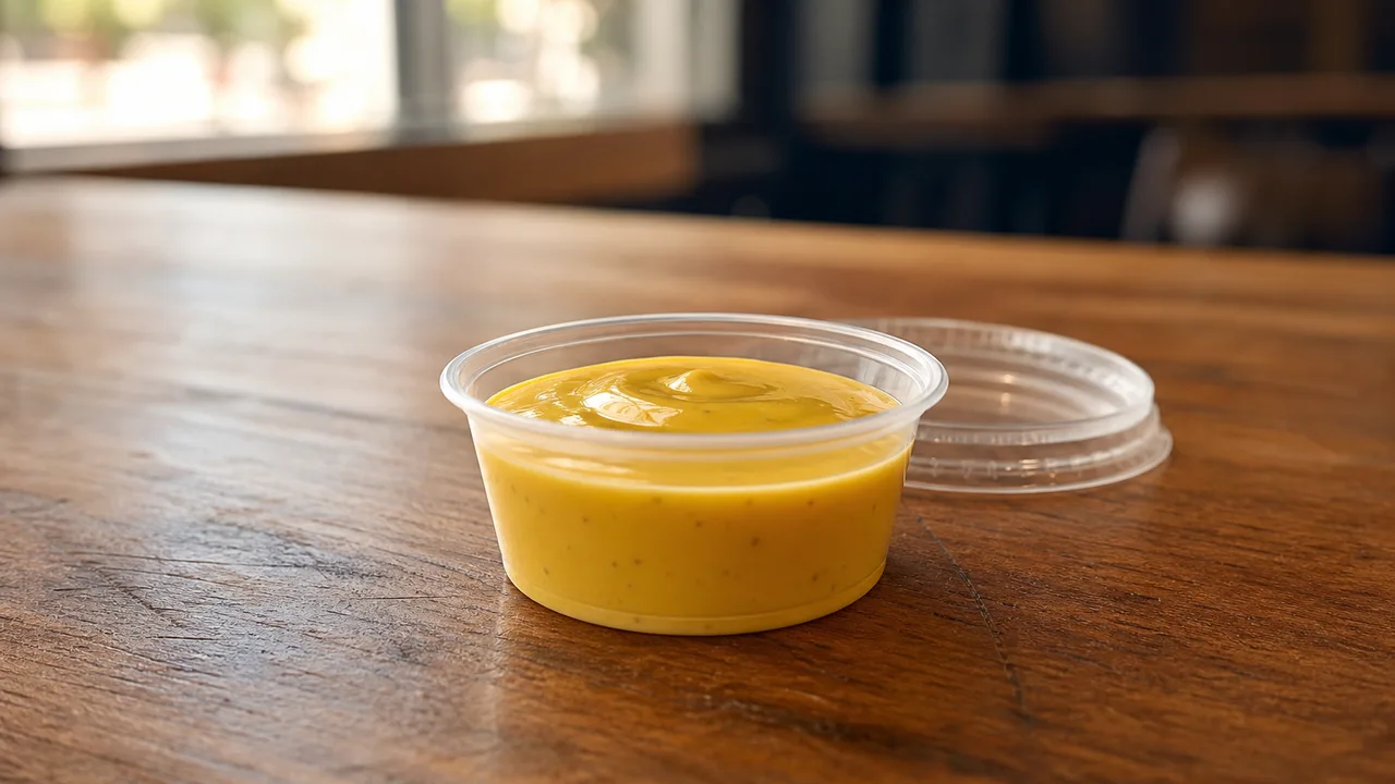 Golden honey mustard dip in a clear restaurant cup on a wooden table