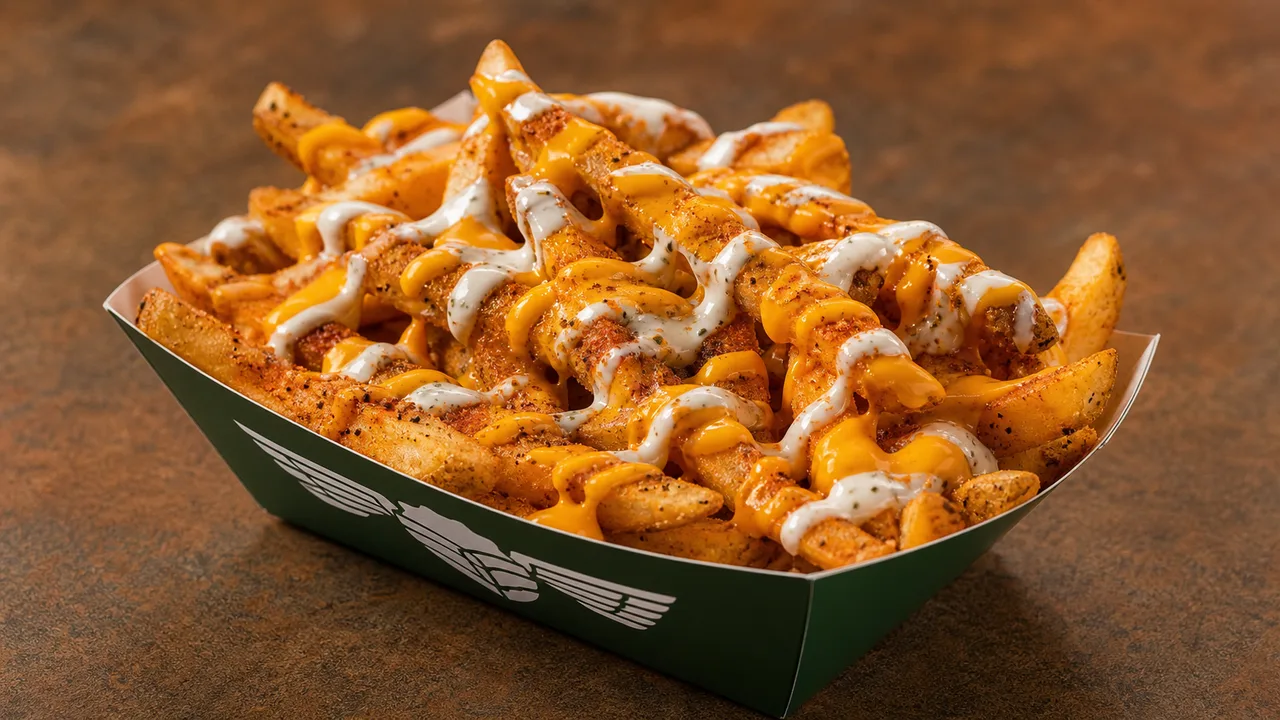 Louisiana Voodoo fries with Cajun seasoning cheese sauce and ranch in a green paper boat