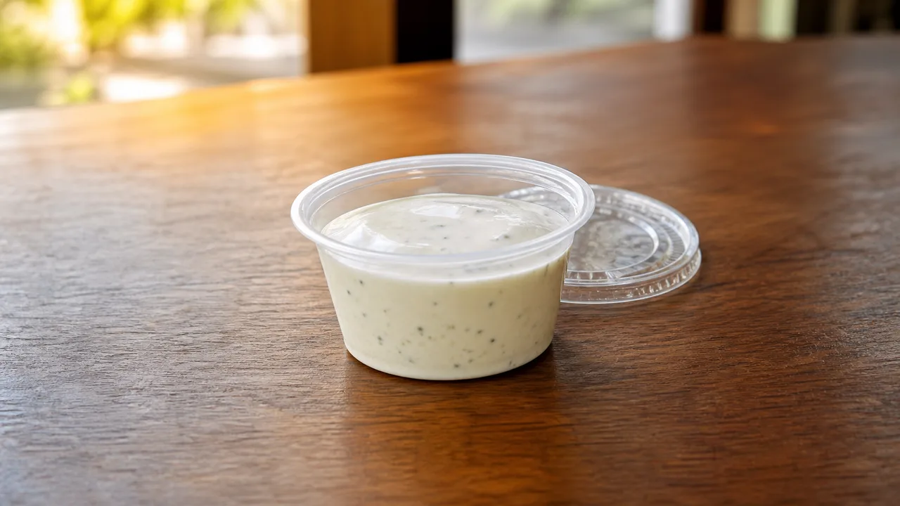 Creamy ranch dip with herb flecks in a clear restaurant cup on a wooden table