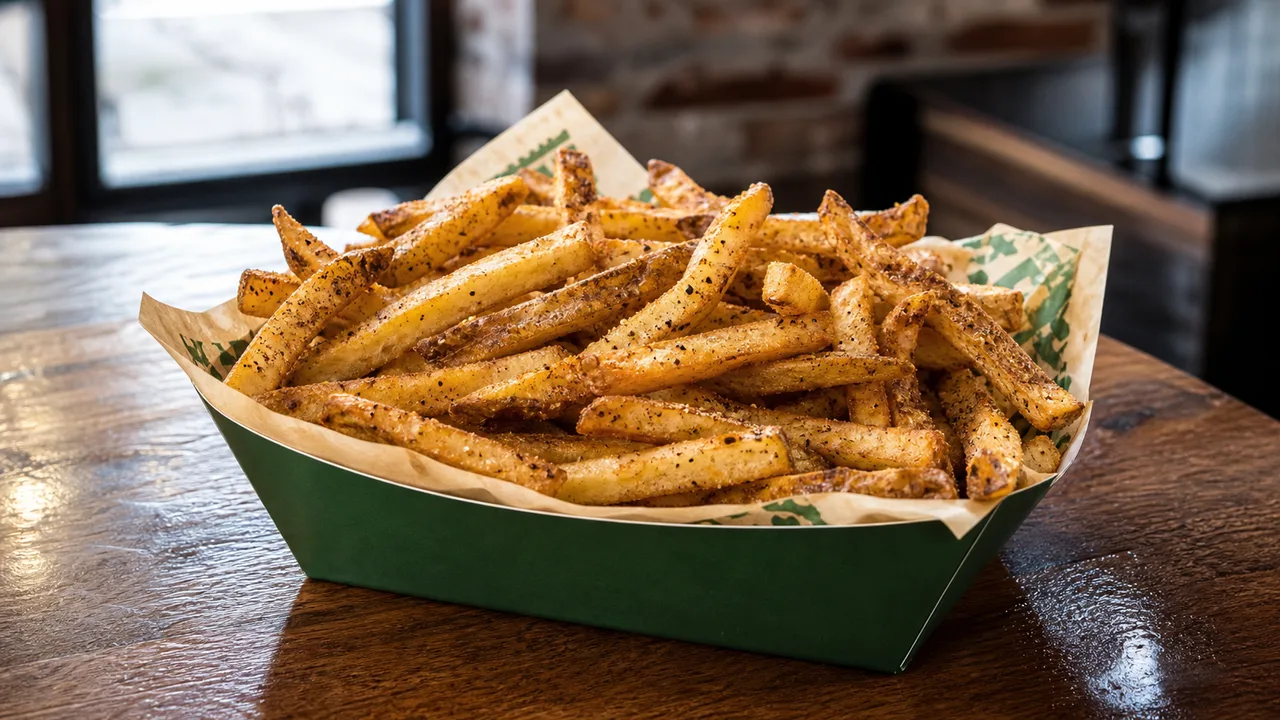 Golden Wingstop-style seasoned fries in a green paper fry boat