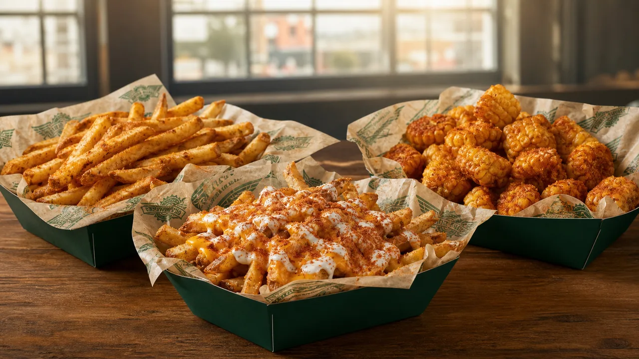 Seasoned fries, loaded fries and Cajun fried corn in green trays