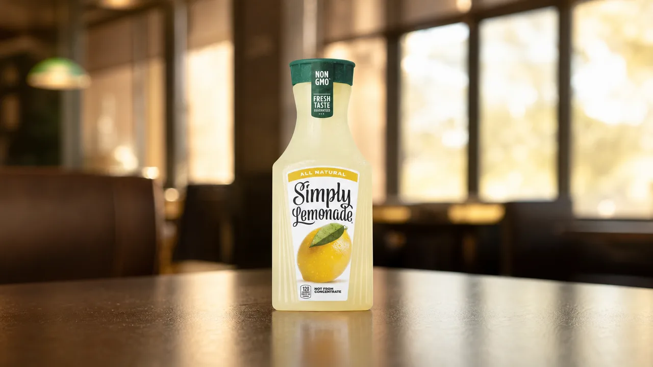 Simply Lemonade 52 ounce bottle centered on a warm restaurant table