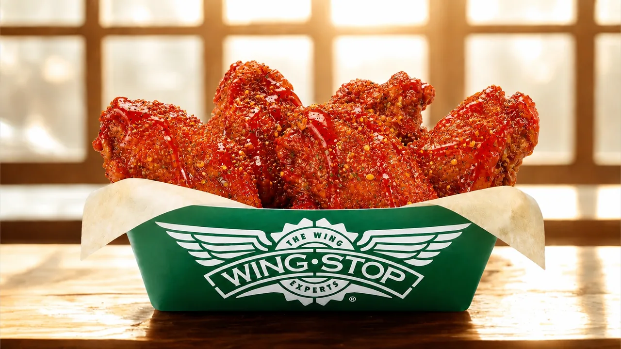 Wingstop Sweet Heat Chamoy featuring Tajín wings in green Wingstop packaging