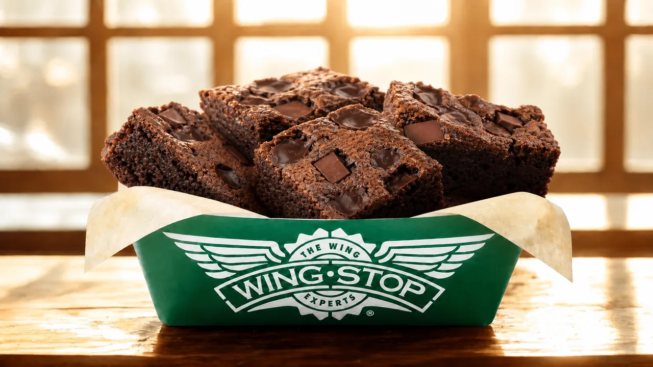 Triple Chocolate Chunk Brownies with visible chocolate pieces in a green Wingstop tray