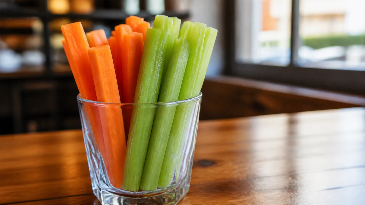 Fresh carrot and celery sticks arranged in a clear cup on a restaurant table